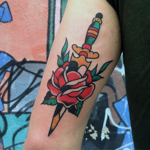 Astonishing Dagger Rose Tattoo For Girls