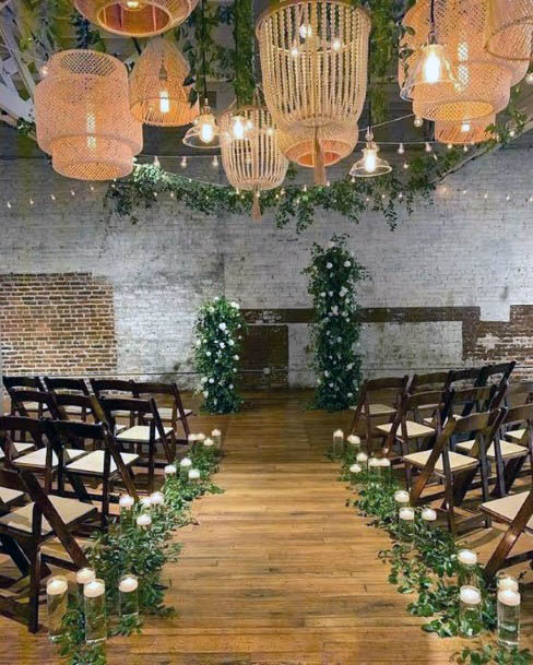 Astonishing Popping White Floral Greenery Bouquet Wedding Aisle Gorgeous Hanging Chandelers Inspiration Decor