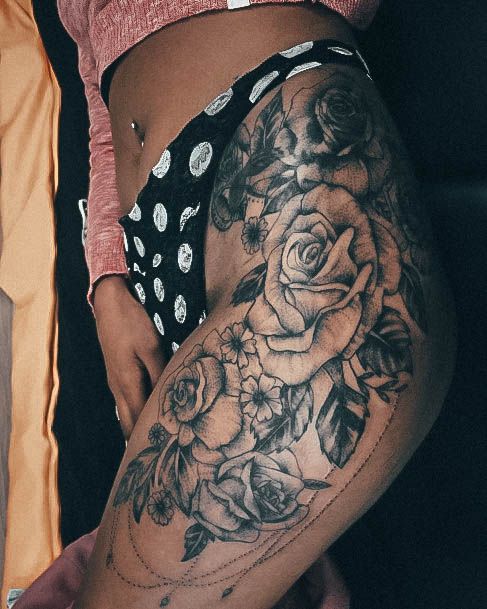 Astonishing Rose Thigh Tattoo For Girls