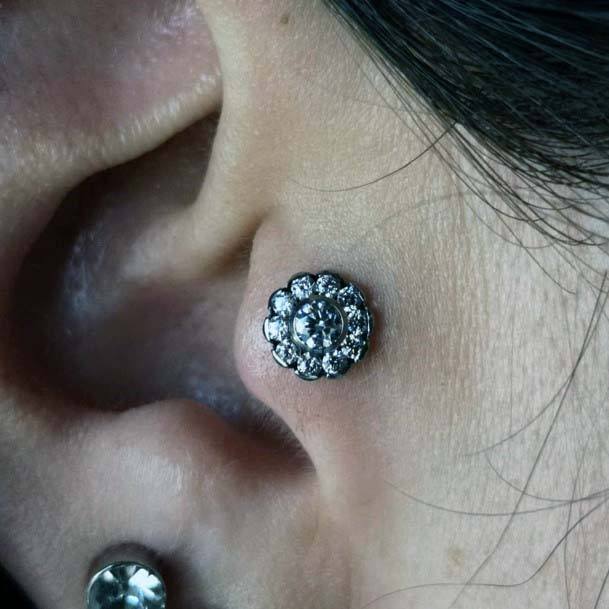 Astonishing Silver Floral Tragus Glassy Diamond Lobe Cool Piercing Design For Girls