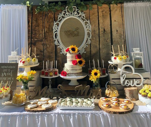 Astonishing Summer Yellow Sunflower Decoration Yummy Desert Table Rustic Wood Backdrop Wedding Ideas