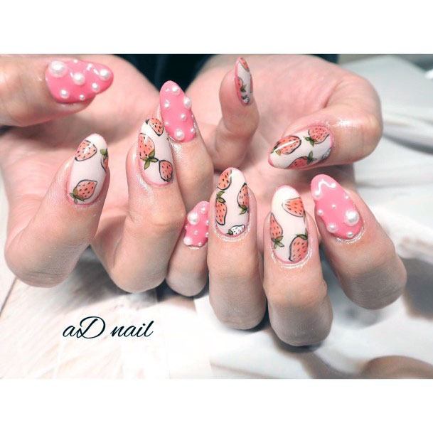 Astonishing Sweet Round Tip Pink White Strawberry Nail Design For Women