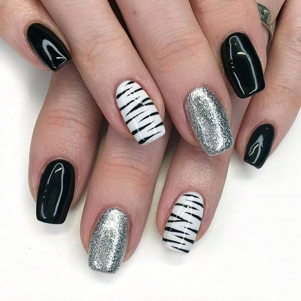 Astonishing Unique Sleek Black Sparkling Silver Trendy White Tiger Gel Design For Womens Nails