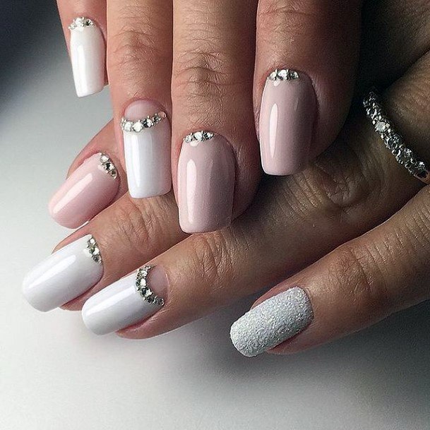 Astonishing White With Rhinestones Nail For Girls