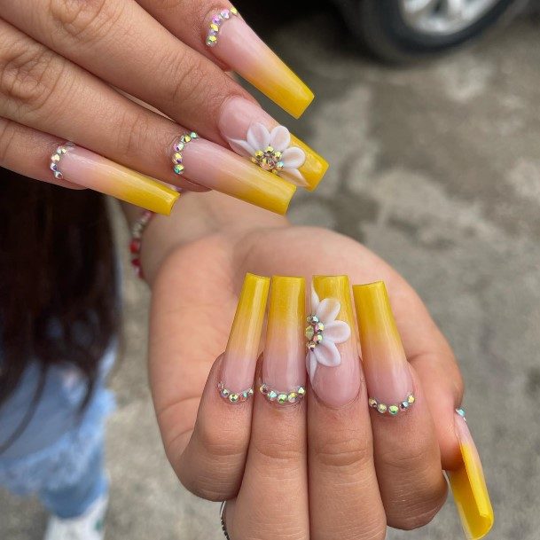 Astonishing Yellow With Diamonds Nail For Girls