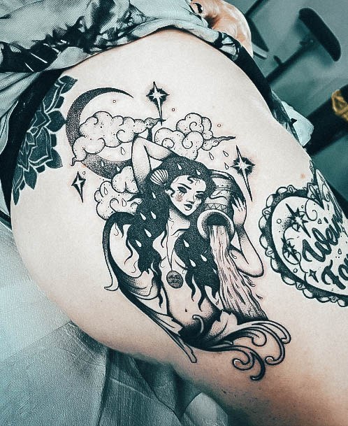 Astrology Aquarius Female Tattoo Designs Thigh Clluds