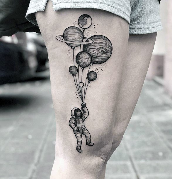 Astronaut With Planet Balloons Tattoo Womens Thighs