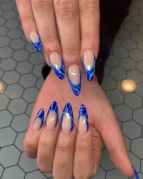 Attractive Girls Nail Blue French Tip