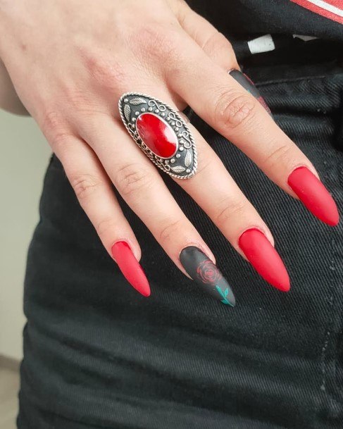 Attractive Girls Nail Red And Black Matte