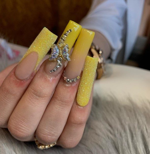 Attractive Girls Nail Yellow With Diamonds