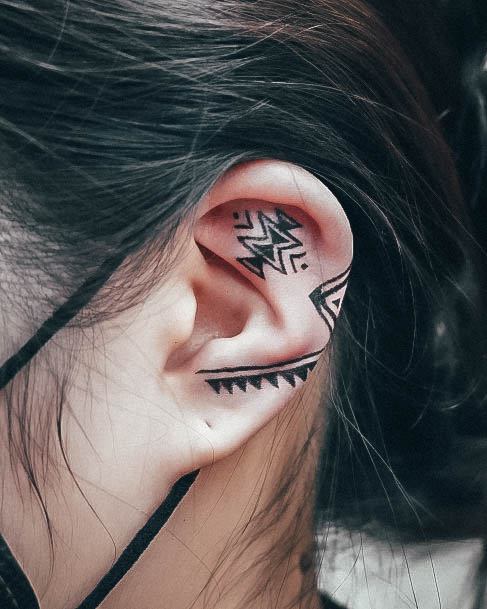 Attractive Girls Tattoo Aztec Ear Tribal Pattern