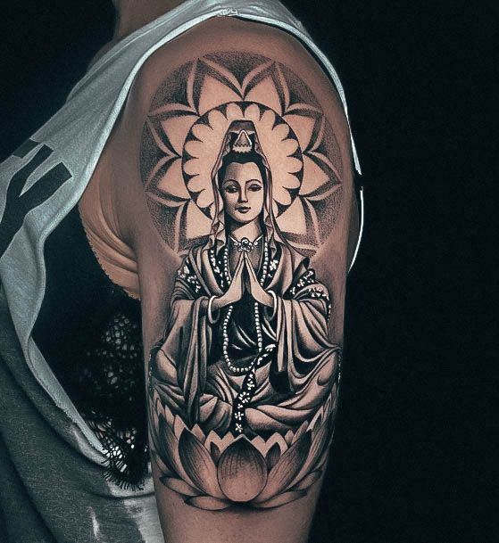 Attractive Girls Tattoo Buddha Half Sleeve Dotwork