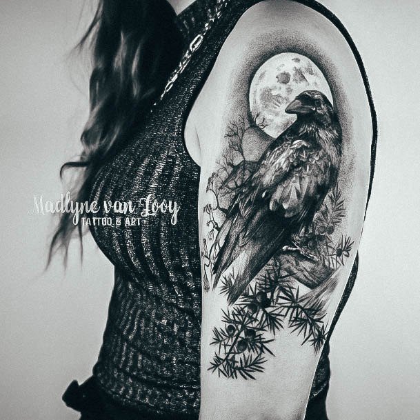 Attractive Girls Tattoo Crow