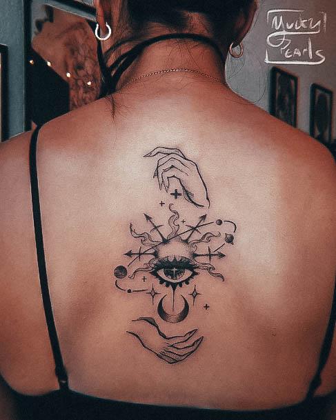 Attractive Girls Tattoo Evil Eye Spine Back