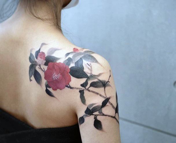 Attractive Girls Tattoo Good Watercolor Flowers Shoulder