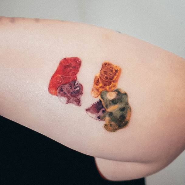 Attractive Girls Tattoo Gummy Bear Outer Forearm
