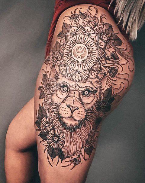 Attractive Girls Tattoo Hip Lion
