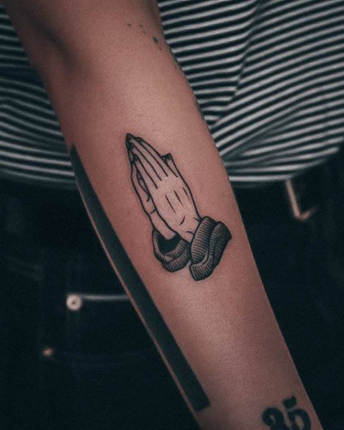 Attractive Girls Tattoo Praying Hands Outer Forearm