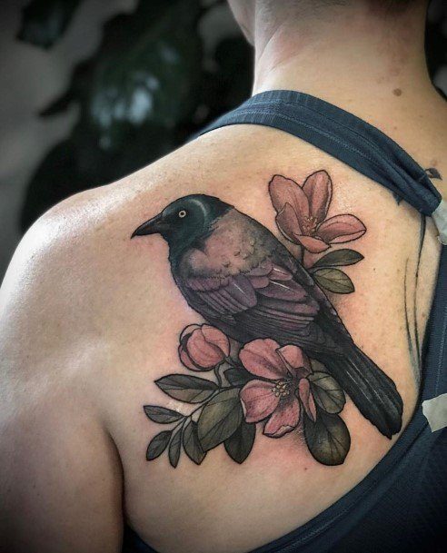 Attractive Girls Tattoo Raven Shoulder Neo Traditional