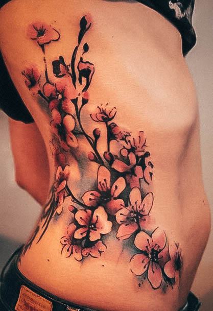 Attractive Girls Tattoo Rib Watercolor Flowers