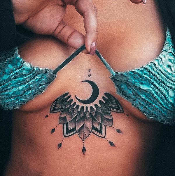 Attractive Girls Tattoo Sternum Moon Mandala
