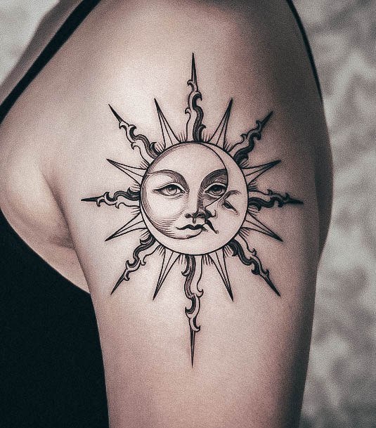 Attractive Girls Tattoo Sun And Moon Upper Arm