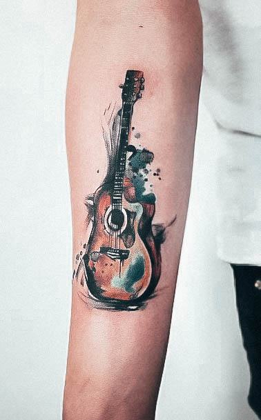 Attractive Girls Watercolor Forearm Tattoo Guitar
