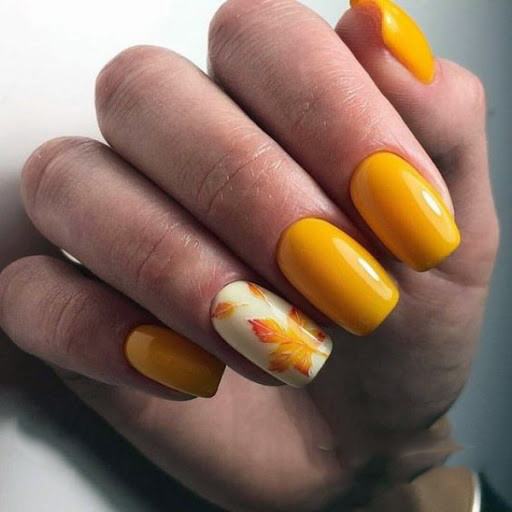 Autumn Burnt Yellow Painted Nails With Leaf Design Fall