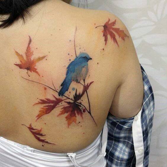 Autumn Leaf And Bird Tattoo Womens Back