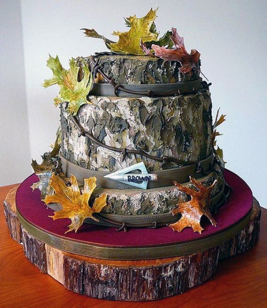 Autumn Leaves And Tree Bark Camo Wedding Cakes