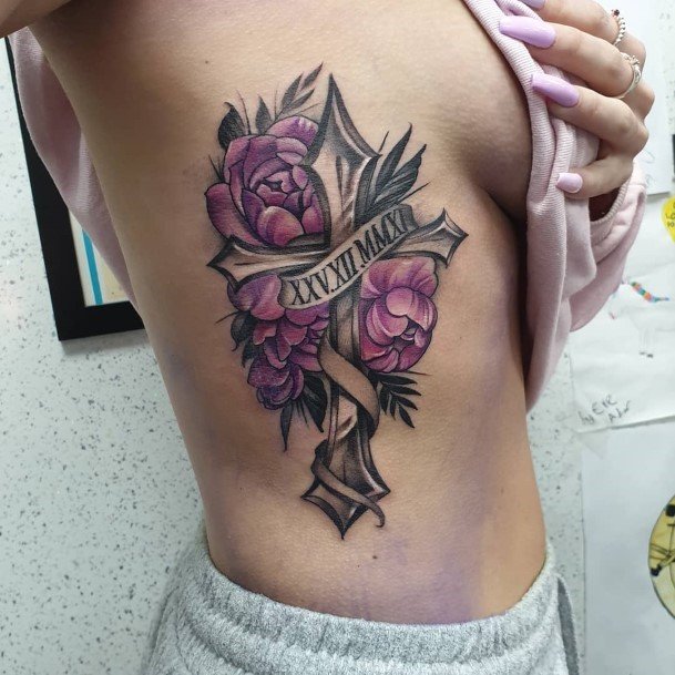 Awe Inspiring Purple Flowers On Cross Tattoo Womens Torso