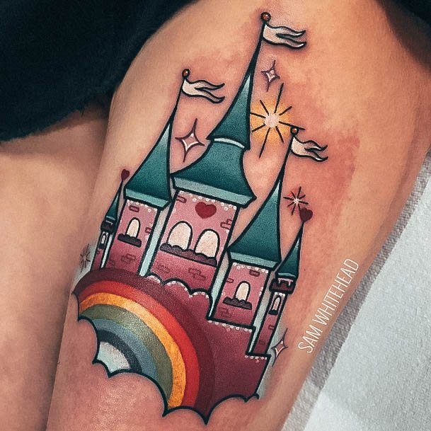 Awesome Girly Tattoos For Women Castle Rainbow Thigh