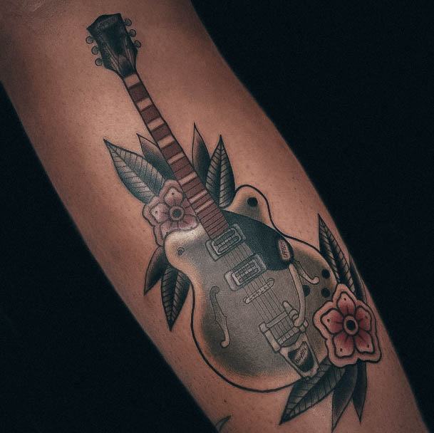 Awesome Guitar Tattoos For Women Traditional Old School With Flowers