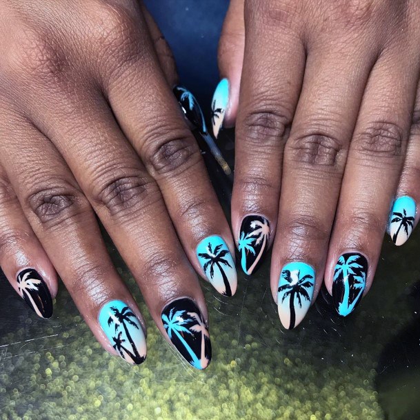 Awesome Light Dark Blue Palm Tree Nail Art For Ladies