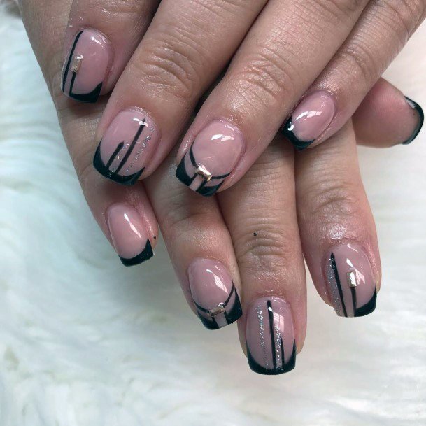 Awesome Nude Black Silver Glittery Short Nails Design Ideas For Women