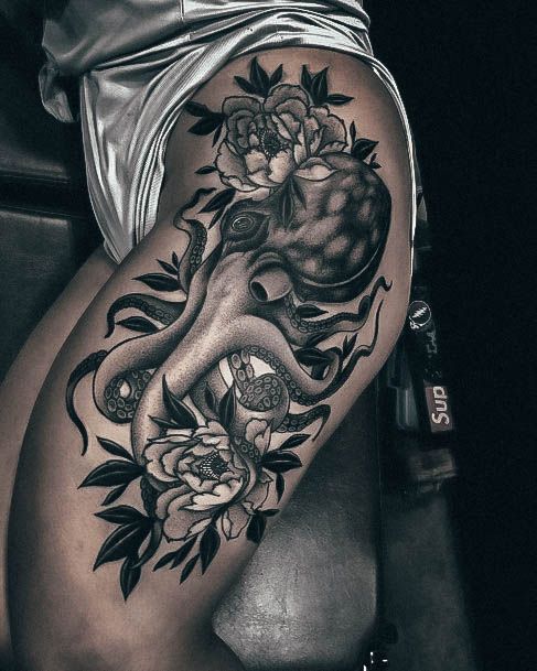 Awesome Octopus Tattoos For Women With Flowers On Thigh