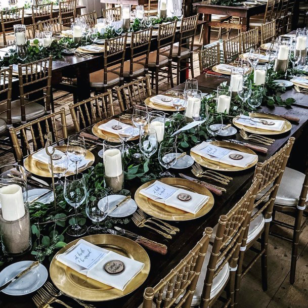 Awesome Polished Gold Plate Flatwear Greenery Table Runner Gorgeous Barn Wedding Ideas