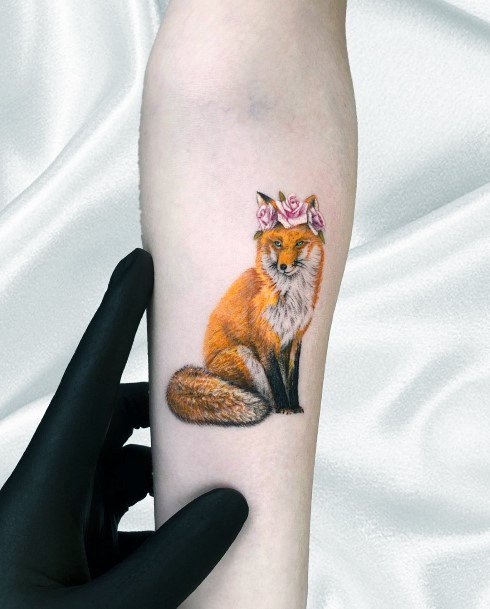 Awesome Realism Tattoos For Women Fox With Flower Crown