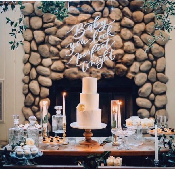 Awesome Rock Fireplace Backdrop Beautiful Wedding Cake Desert Table Inspiration
