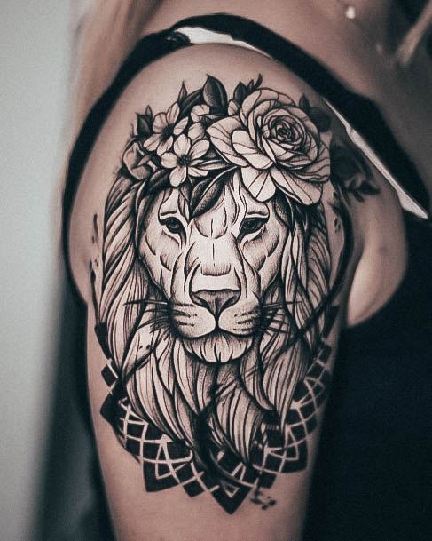 Awesome Tattoo Feminine Designs Upper Arm Lion