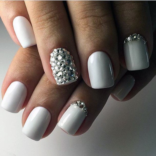 Awesome White With Rhinestones Fingernails For Women