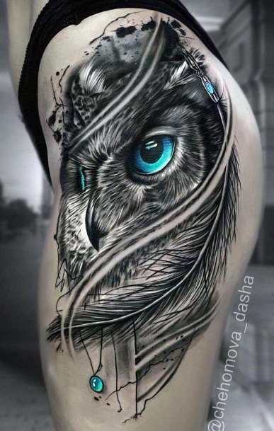 Azure Blue Eyed Owl And Gem Tattoo Womens Legs