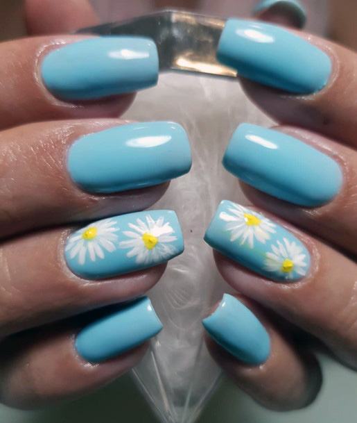 Azure Blue Nails And White Flowers Nail Art Women