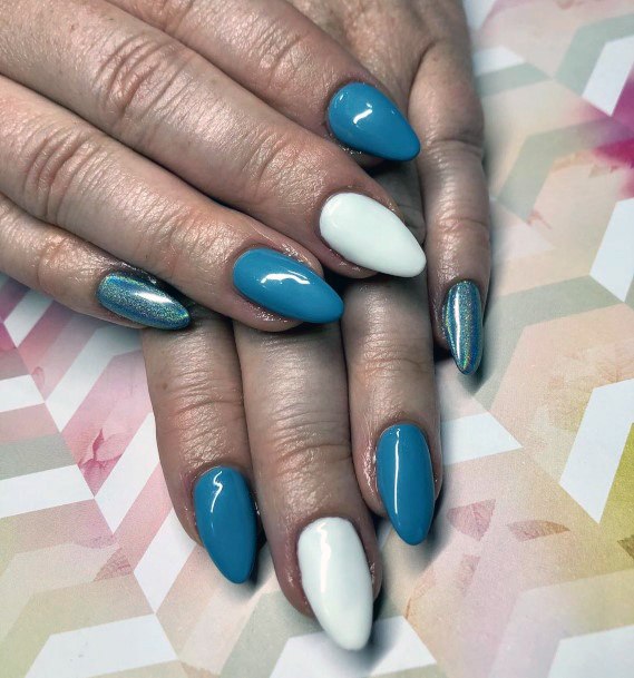 Azure Blue White Nails With Hologram Effect Women