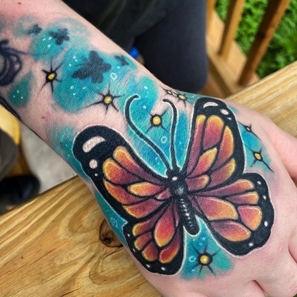 Azure Bright Blue And Butterfly Tattoo Womens Hands