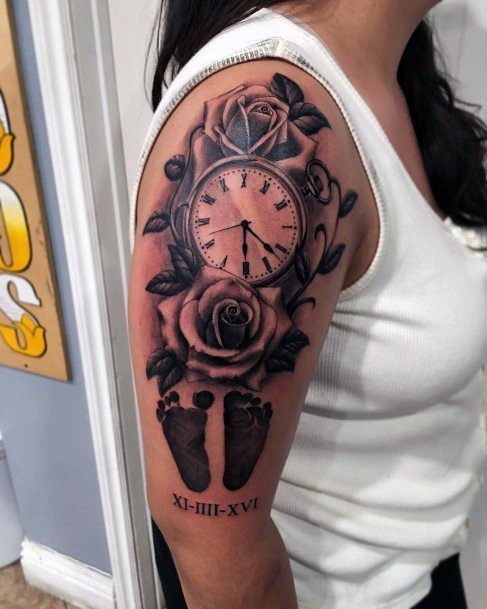 Baby Feet And Clock Tattoo Roses Women Arms