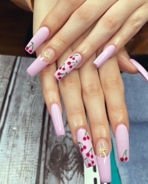 Baby Pink Colored Nails With Cherry For Women