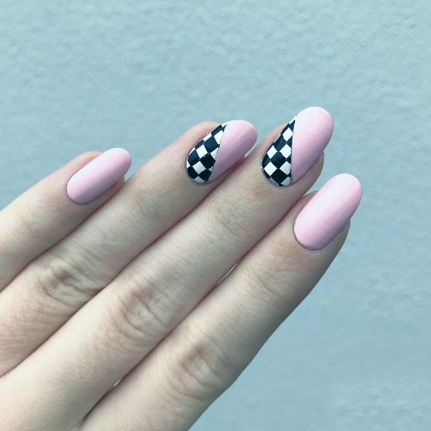 Baby Pink Nails With Checkered Art Women