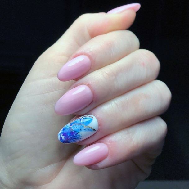 Baby Pink Shellac Nails With Blue Accent For Women