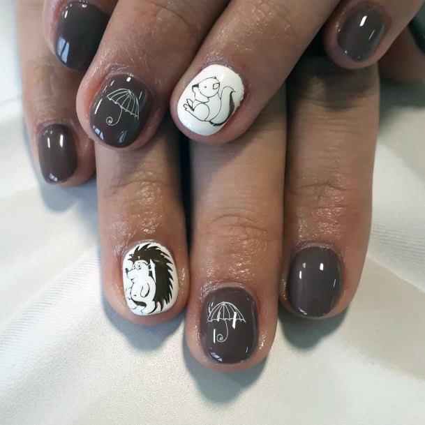 Baby Squirrels And Umbrella Art On Brown Nails Women